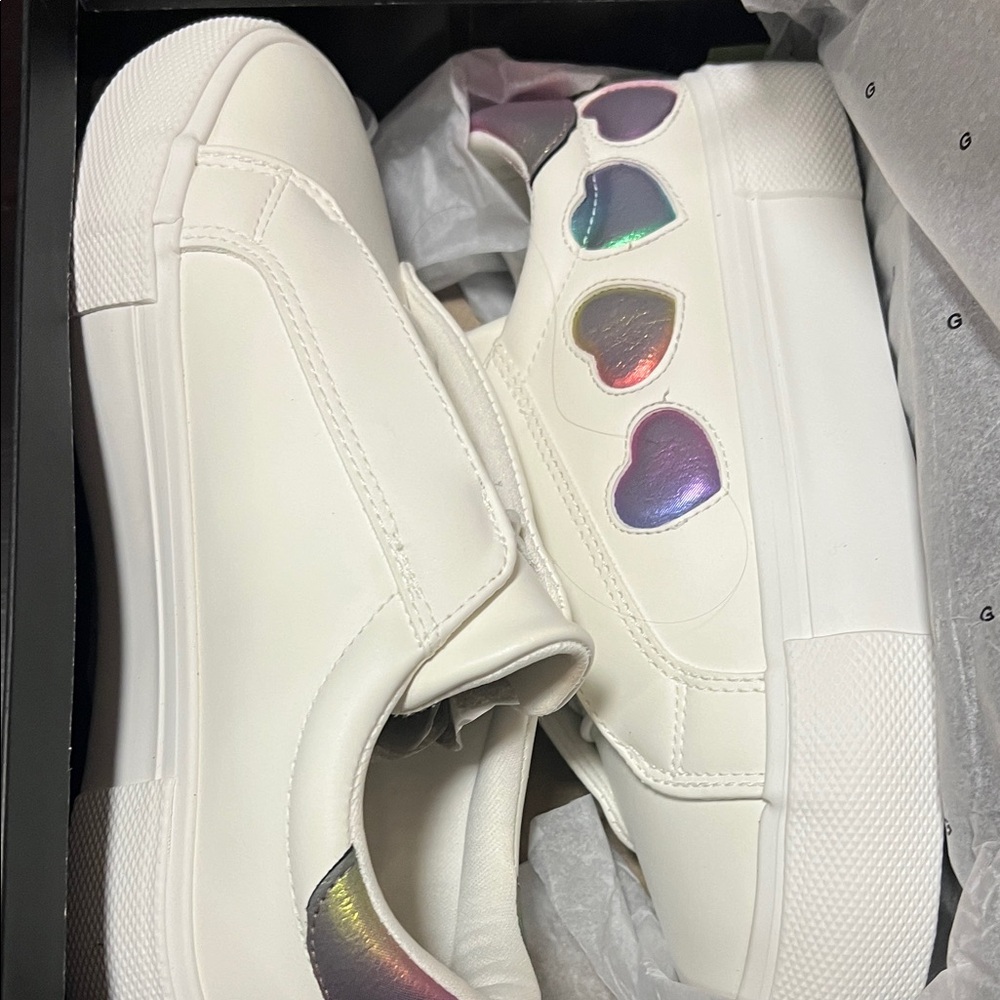 BCBG Girls White Slip on Sneakers with Multicolor Heart Accents